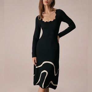 Rihoas The Black Wave Scalloped Sweater Midi Dress